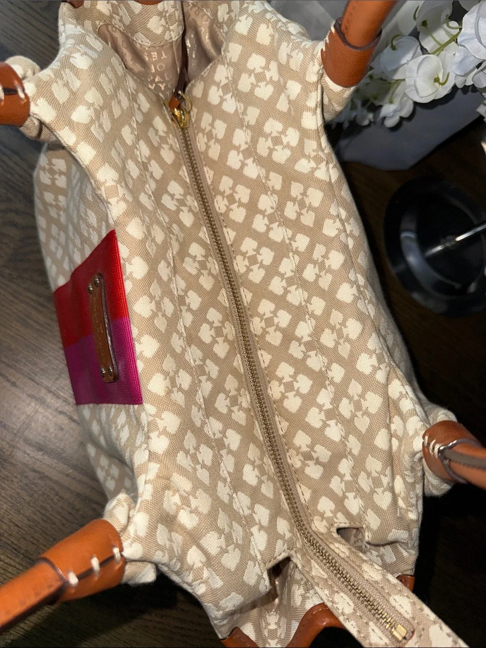 kate spade Beige Canvas Satchel with Red & Pink Center Stripe